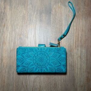 Teal Floral Mandala Wristlet PU Leather Wallet with Magnetic Phone Case